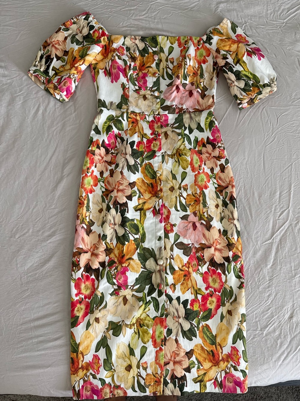 ANTONIO MELANI White Midi Dress with Pink, Yellow & Green Floral Print